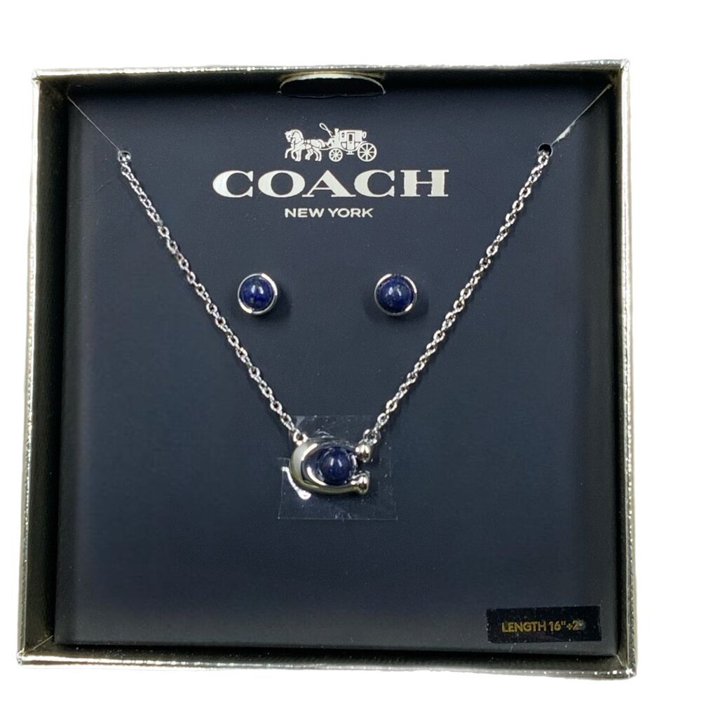 Coach Boxed Signature C Necklace & Earrings Jewelry Set Lapis Blue Stone Silver
